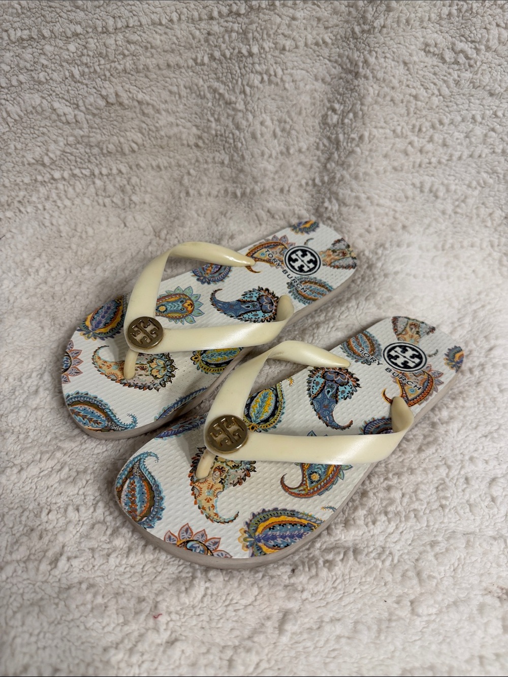 Tory Burch Cream Strap Paisley Print Flip Flops